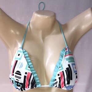 White Ruffle Trim Size 38 With Multi Color Print Triangle Bikini Top. New No Tag